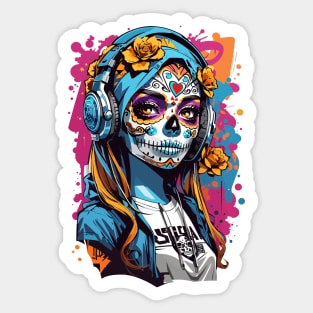 Girl with a skill mask paint and headphones Sticker